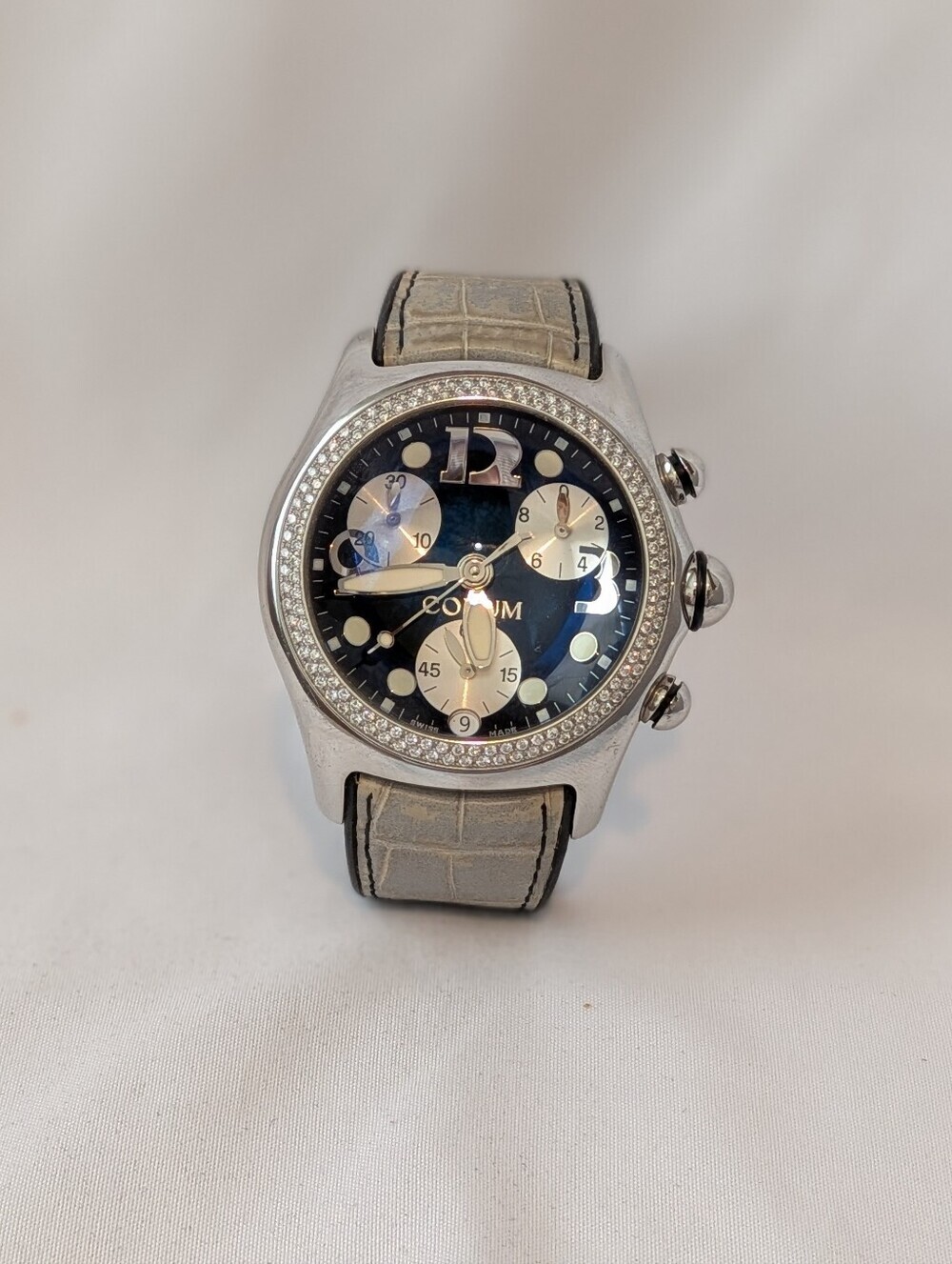 Corum Boutique Bubble Quartz Chronograph Black/Silver Dial SS Case White Leather
